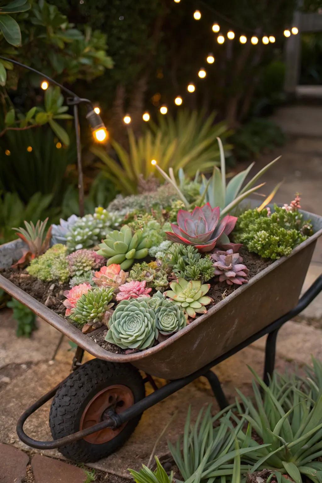 A vivid assortment of succulents in a wheelbarrow container.