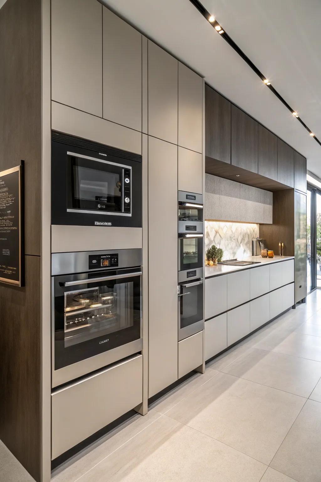 An appliance wall with an integrated quick cooker creates a sleek and cohesive kitchen.