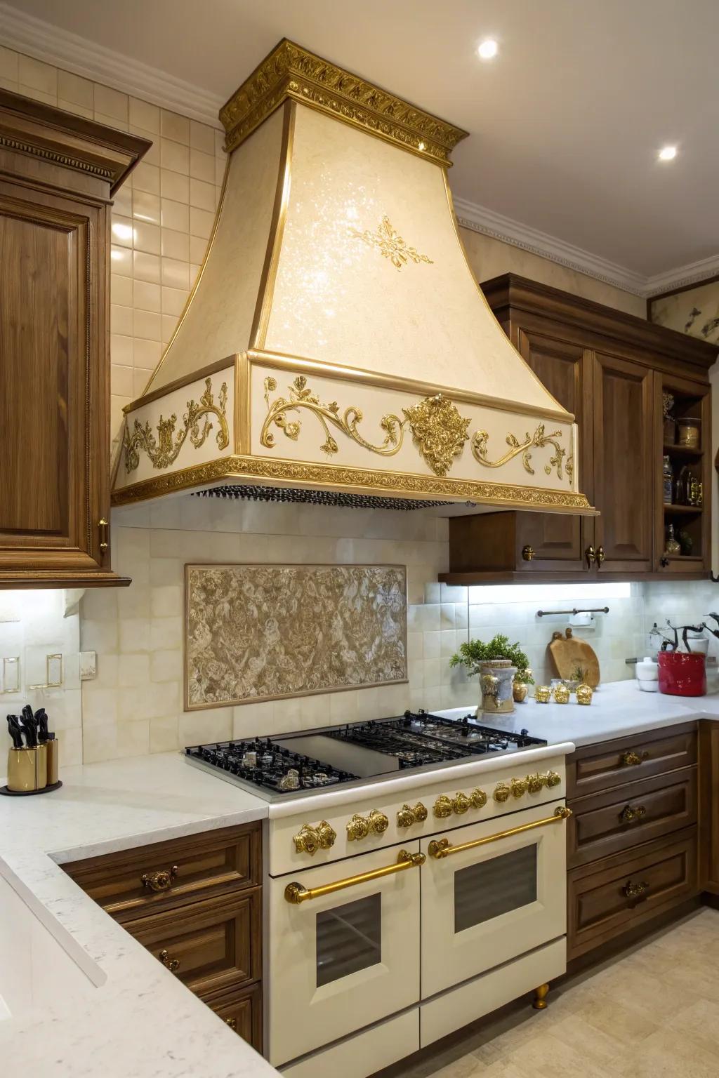 A gilded featured range hood adds elegance to your cooking space.