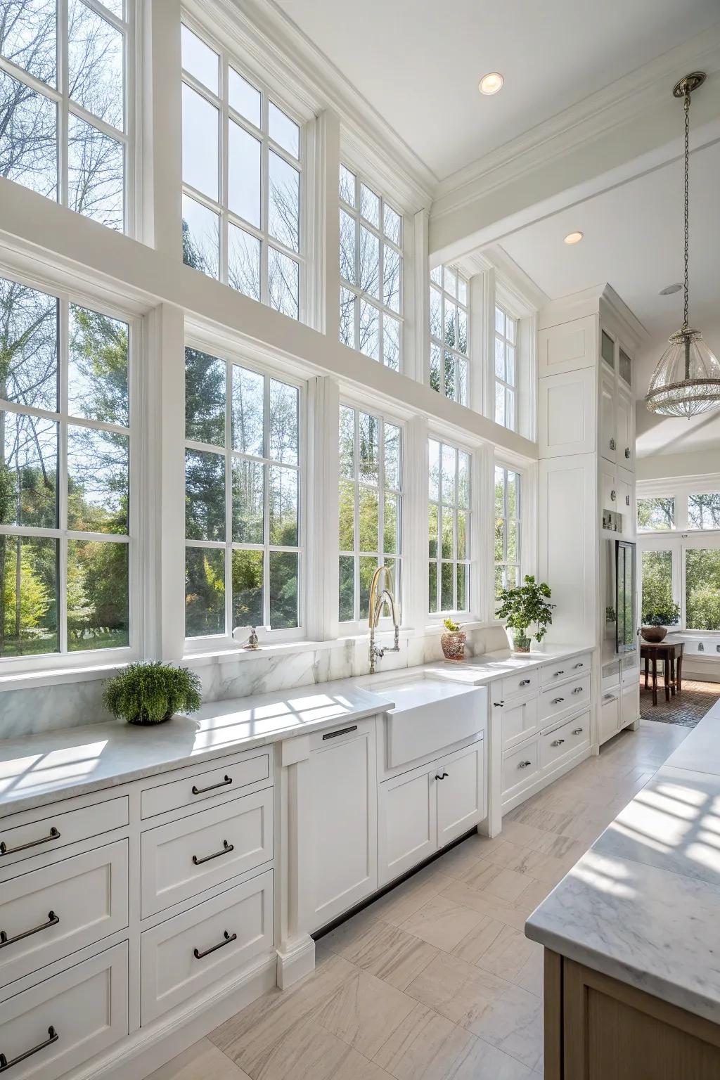Expansive panes inundate the white kitchen with natural illumination, conjuring an airy ambiance.