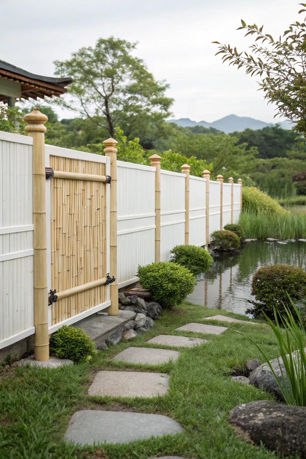 Bamboo accents gracing a white fence usher in an element of nature and tranquility.
