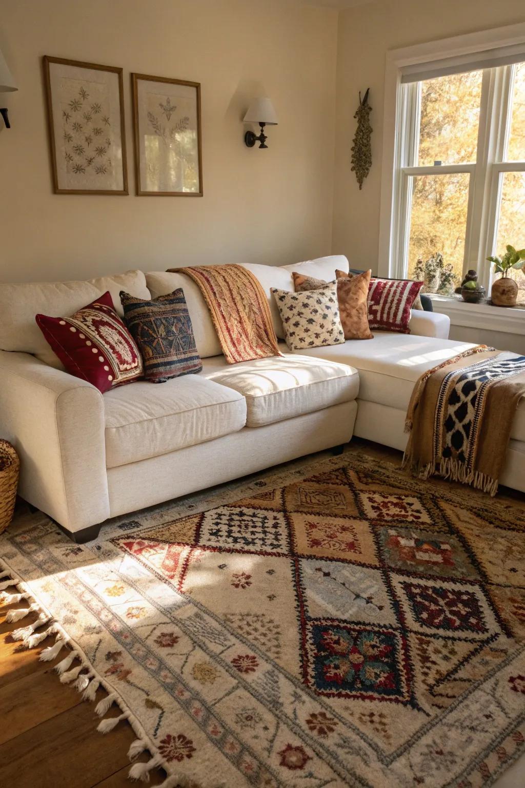 Patterned weaves instill playfulness into a living space featuring a creamy white sectional.