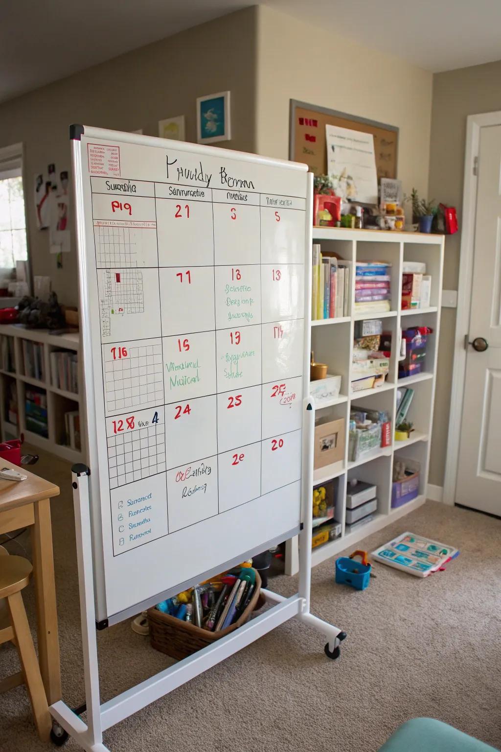 A schedule on the whiteboard aids in maintaining family structure.