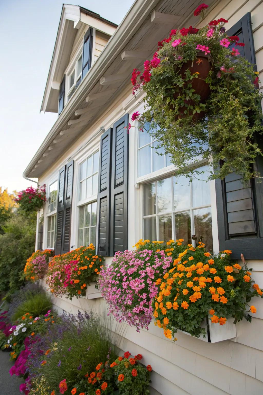 Wildflower window boxes enhancing the charm of any home facade.