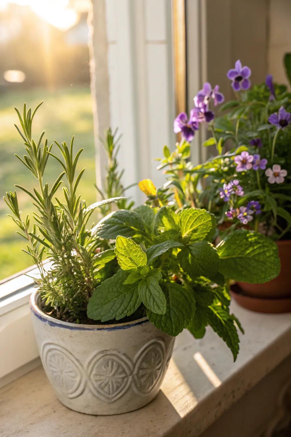 Wildflowers united with herbs fashion a fragrant display.