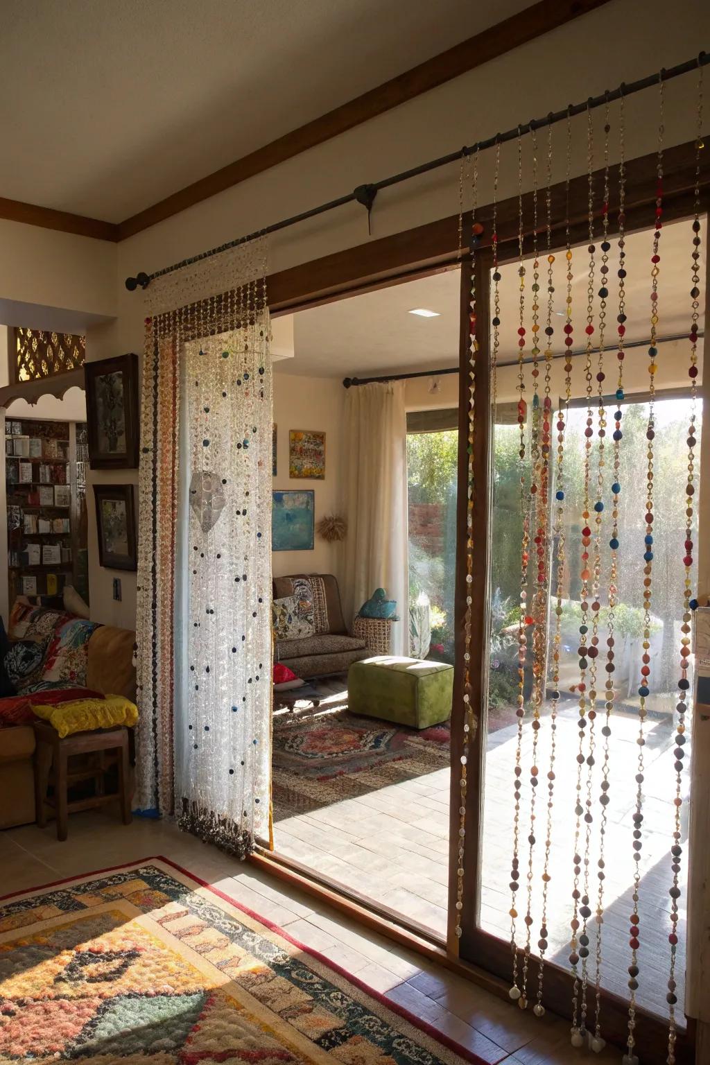 Strung bead drapes add a playful and artistic touch.