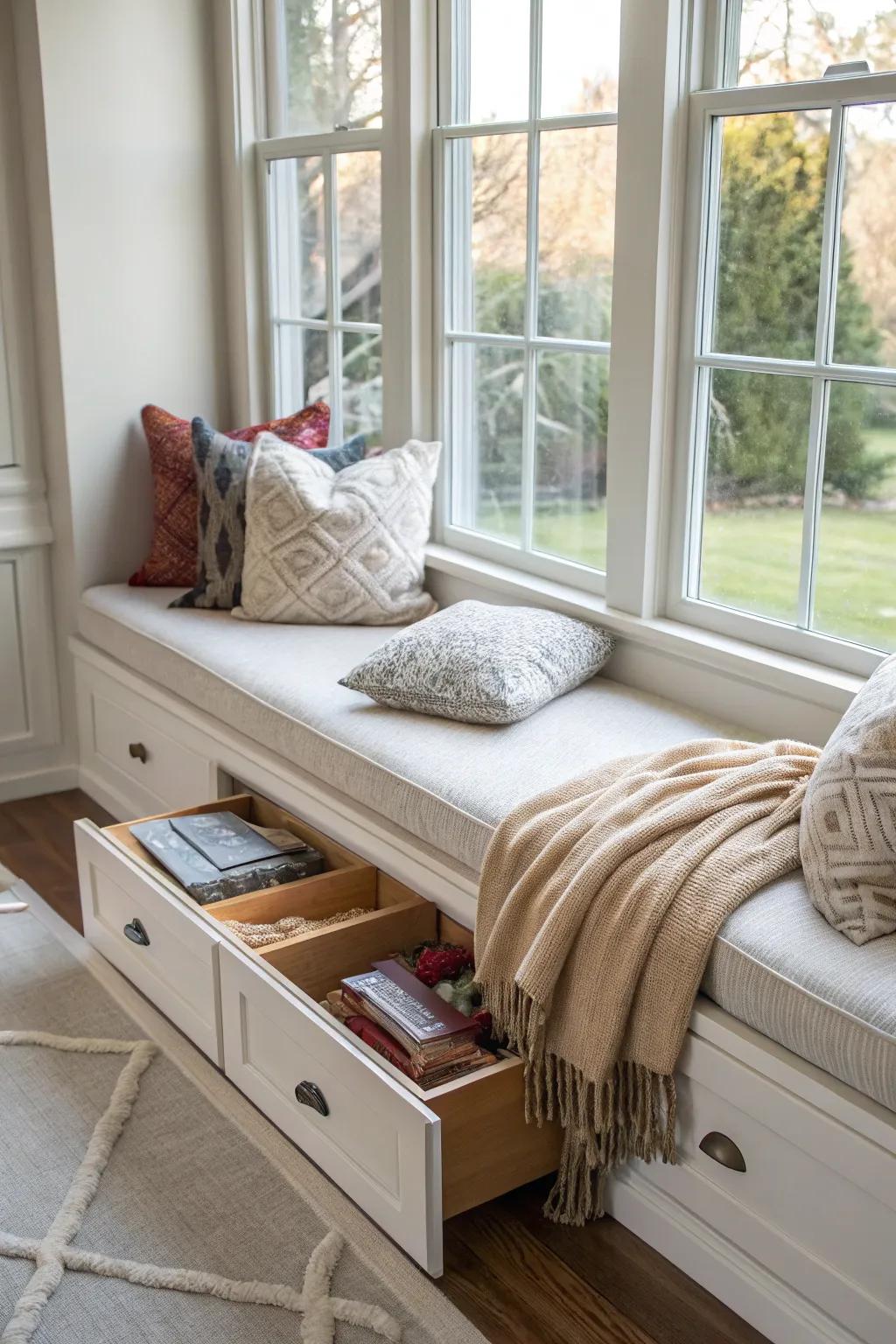 A window seat presenting concealed drawers to sustain the space's tidiness.