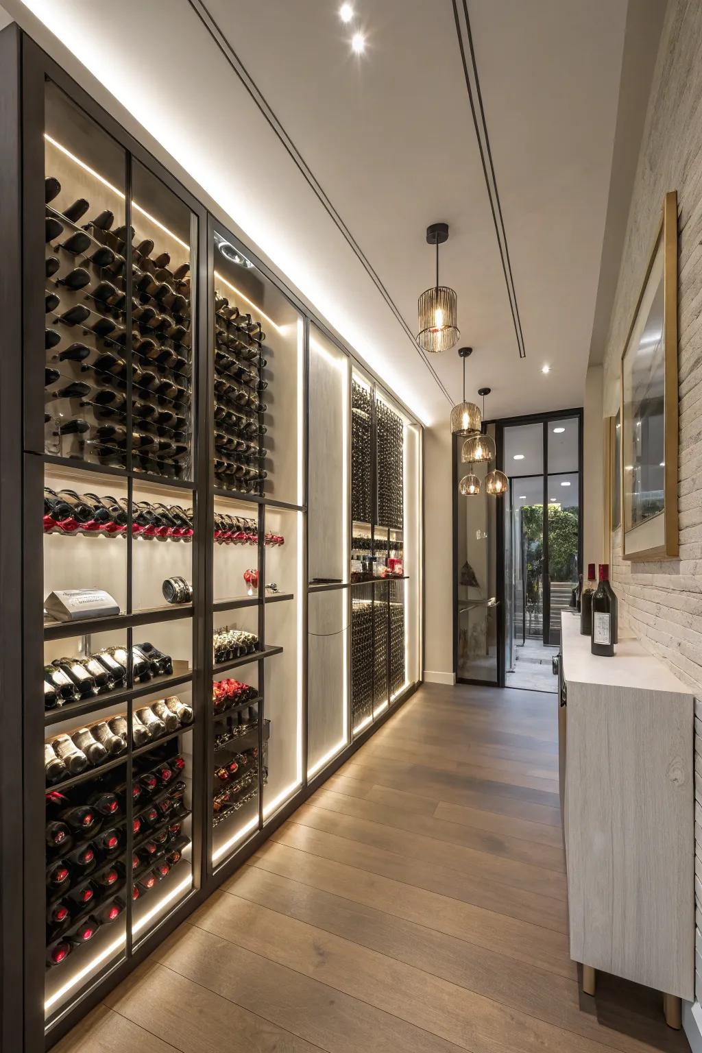 Contemporary wine cellar with aerial bottle wall design.