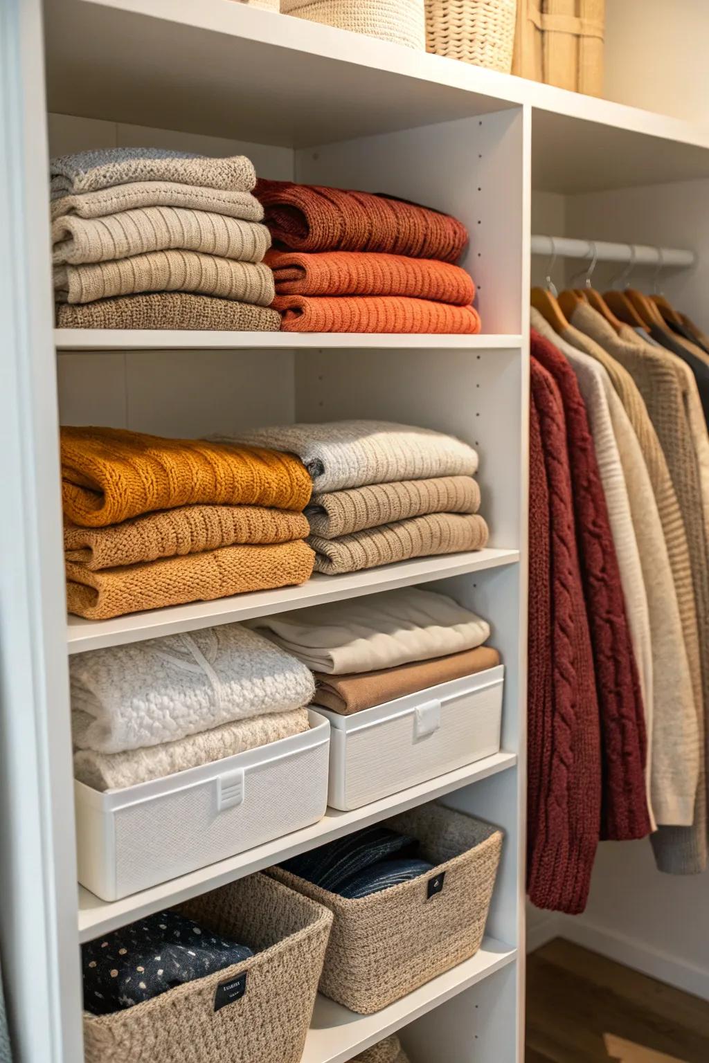 Shelf partitions maintain sweater order.