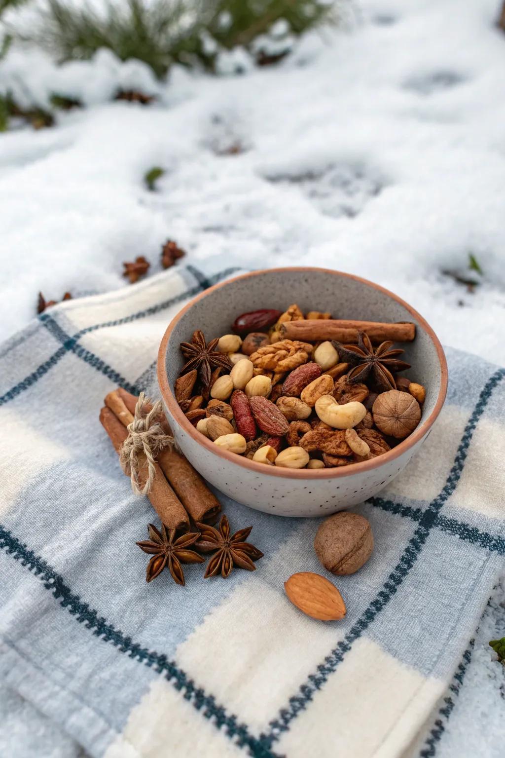 Spiced nut mix is a delightful snack option.