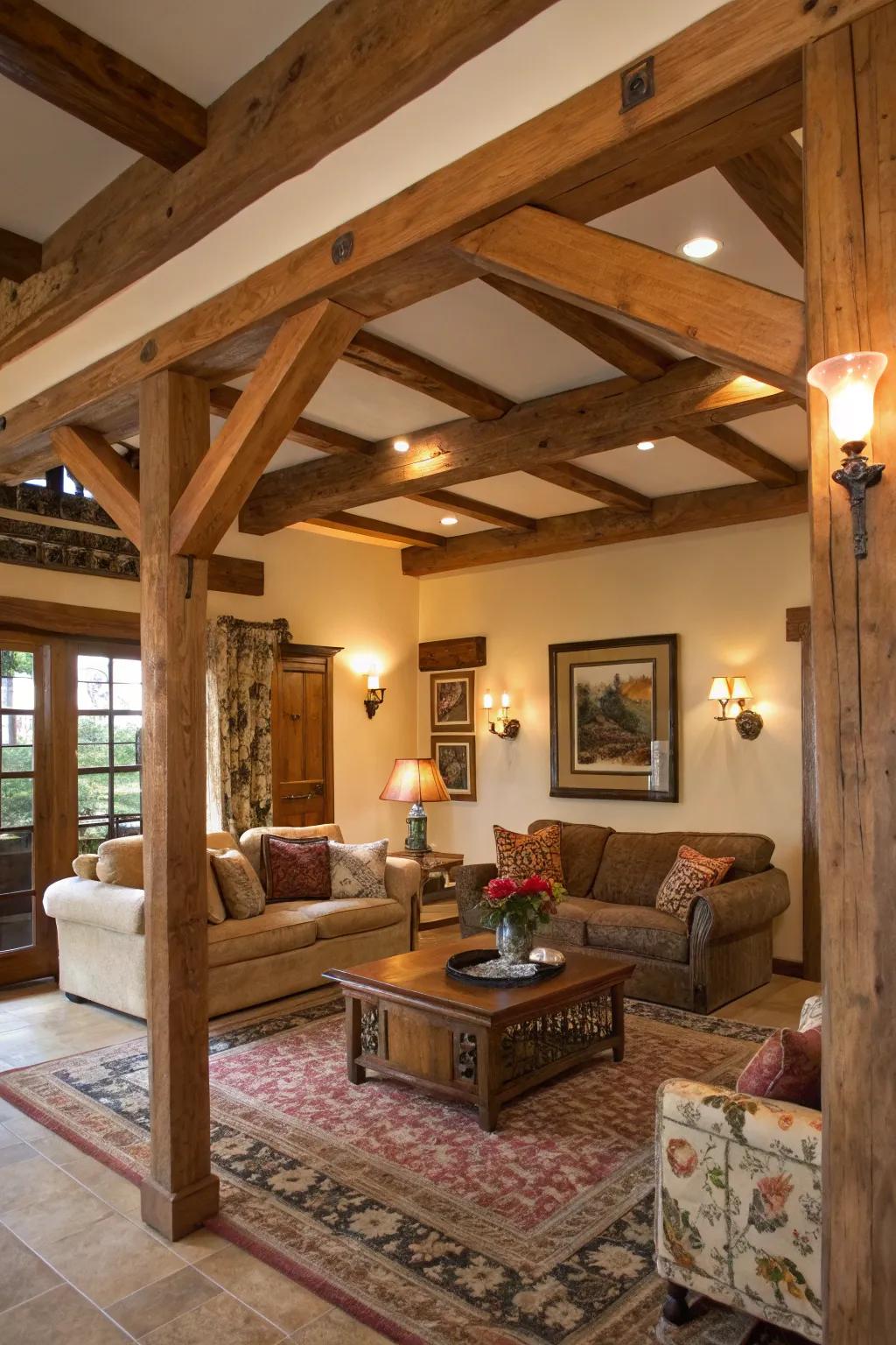 A well-defined area that is naturally framed by wooden supports.