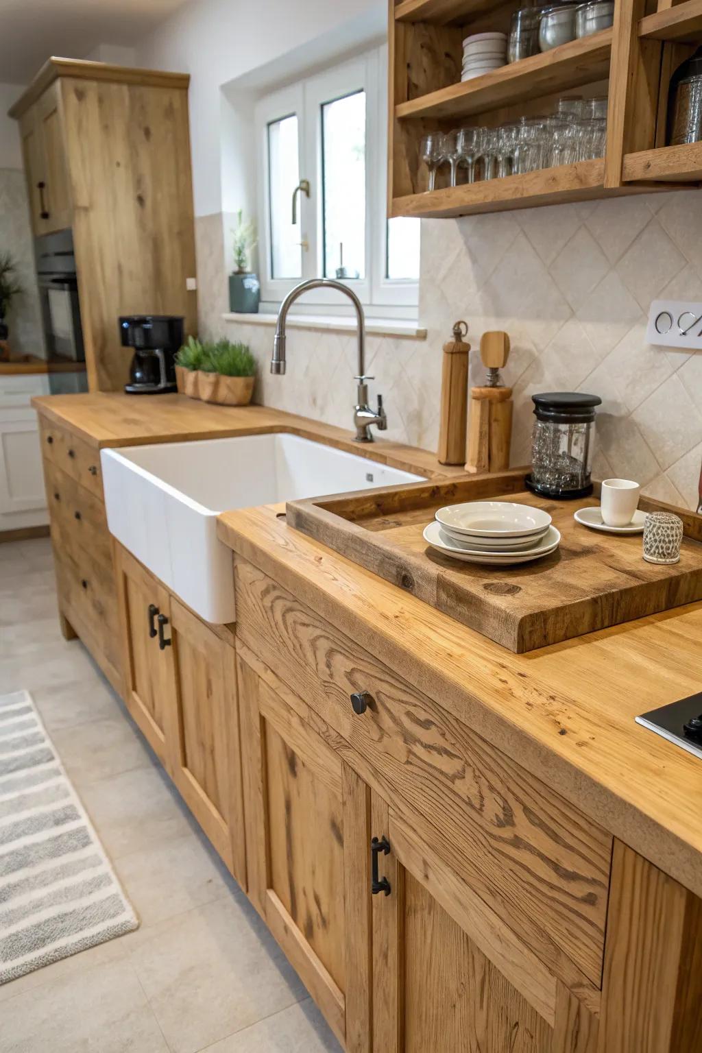An integrated wood basin for a fluid and singular cooking area feature.