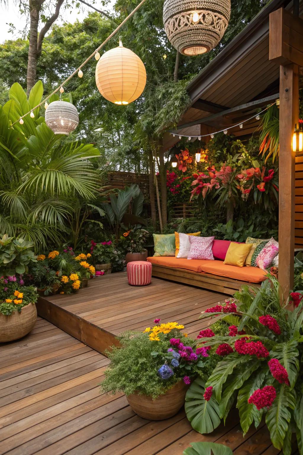 A tropical-themed terrace provides an exotic escape right at home.