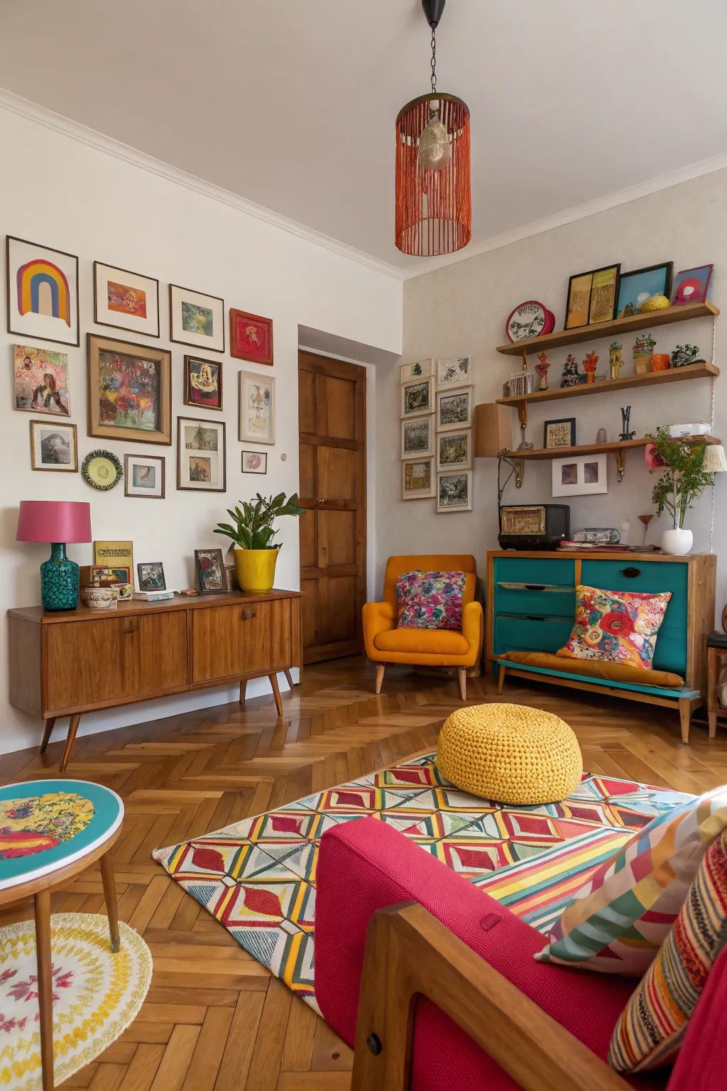 Eclectic room featuring spirited varied wood shade flooring.