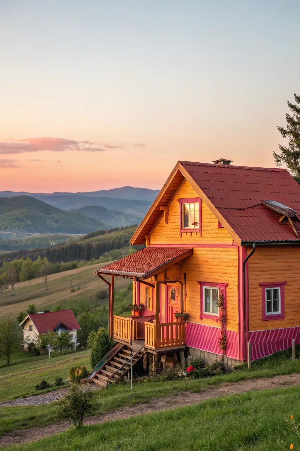 A vibrant wood home that captures the essence of a sunset with warm hues.