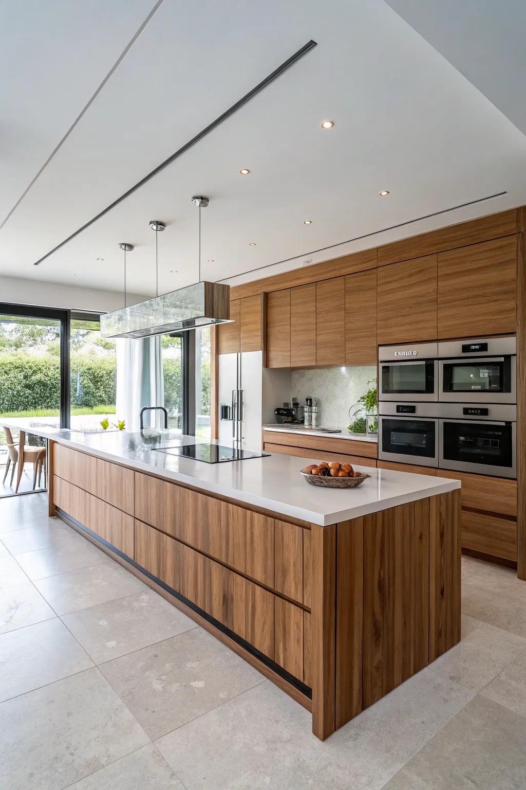 Wood layering on kitchen islands enriches texture and design.