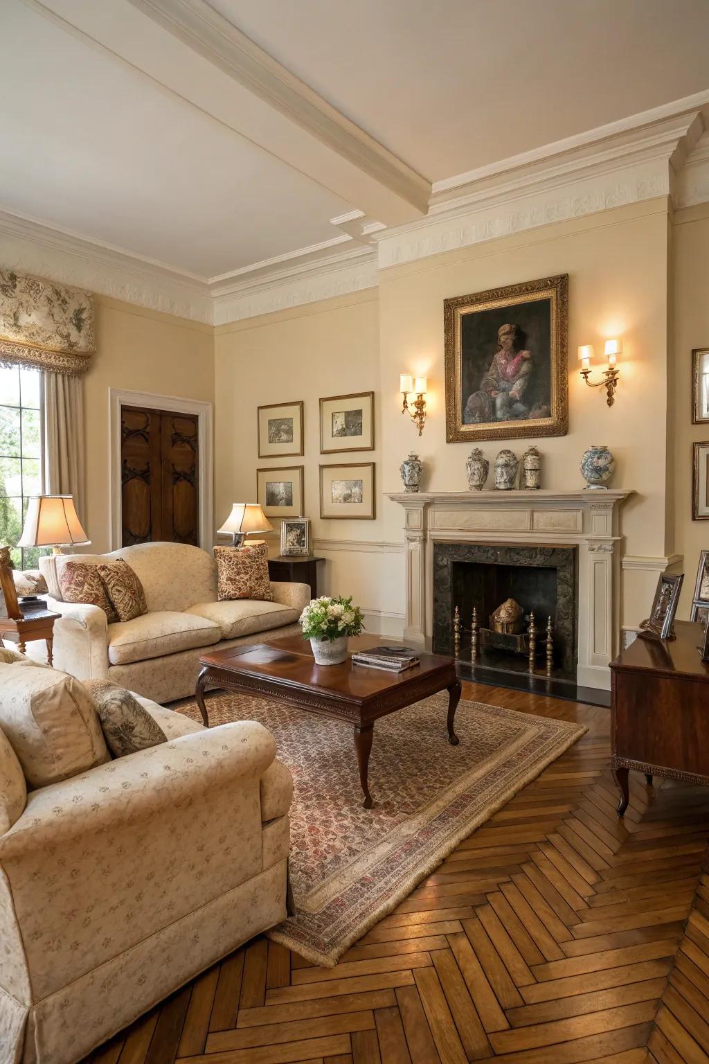 A classic living area with consistent width wood boards offering a timeless appeal.