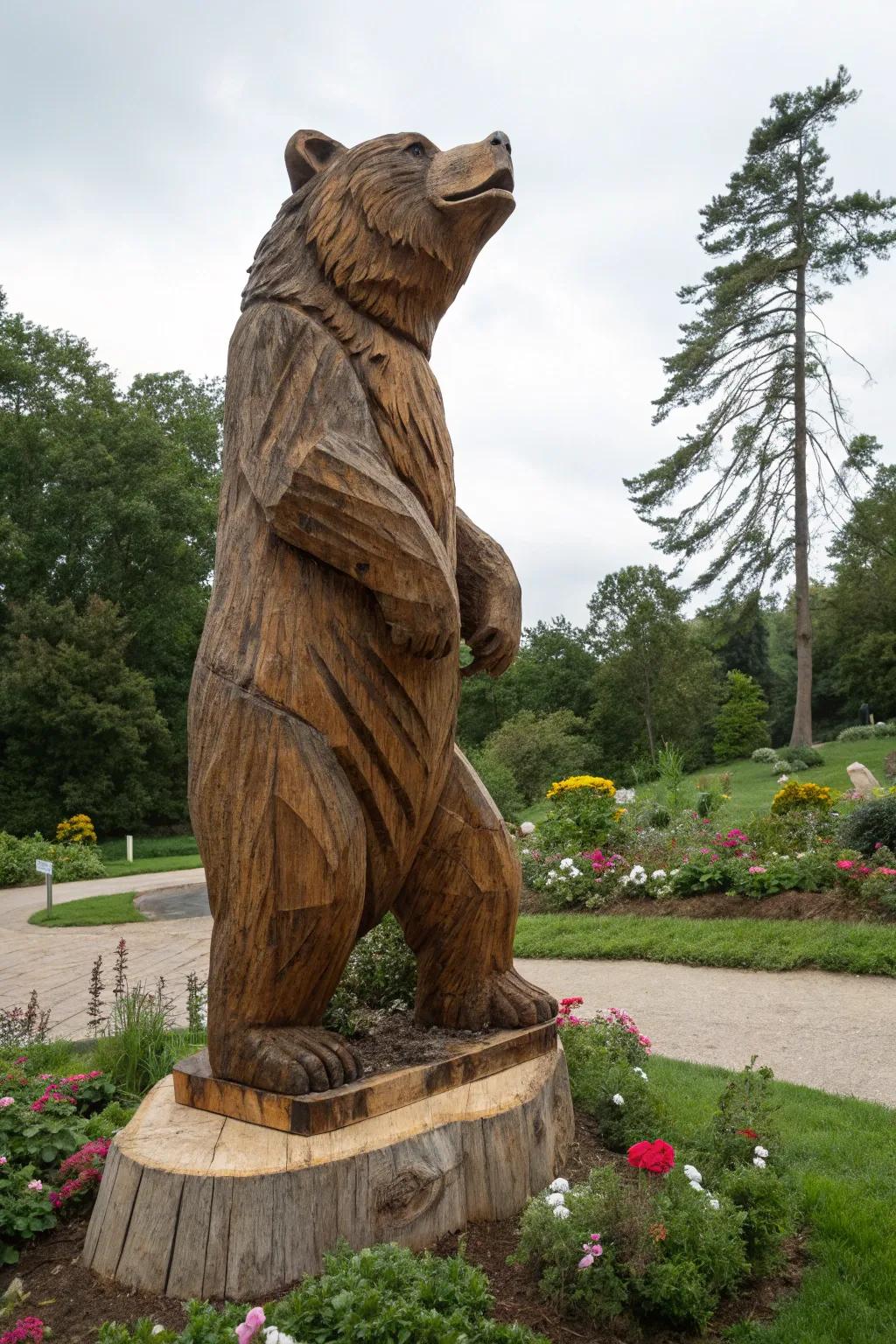 Create a bold impact via chainsaw carvings that are theatrical.