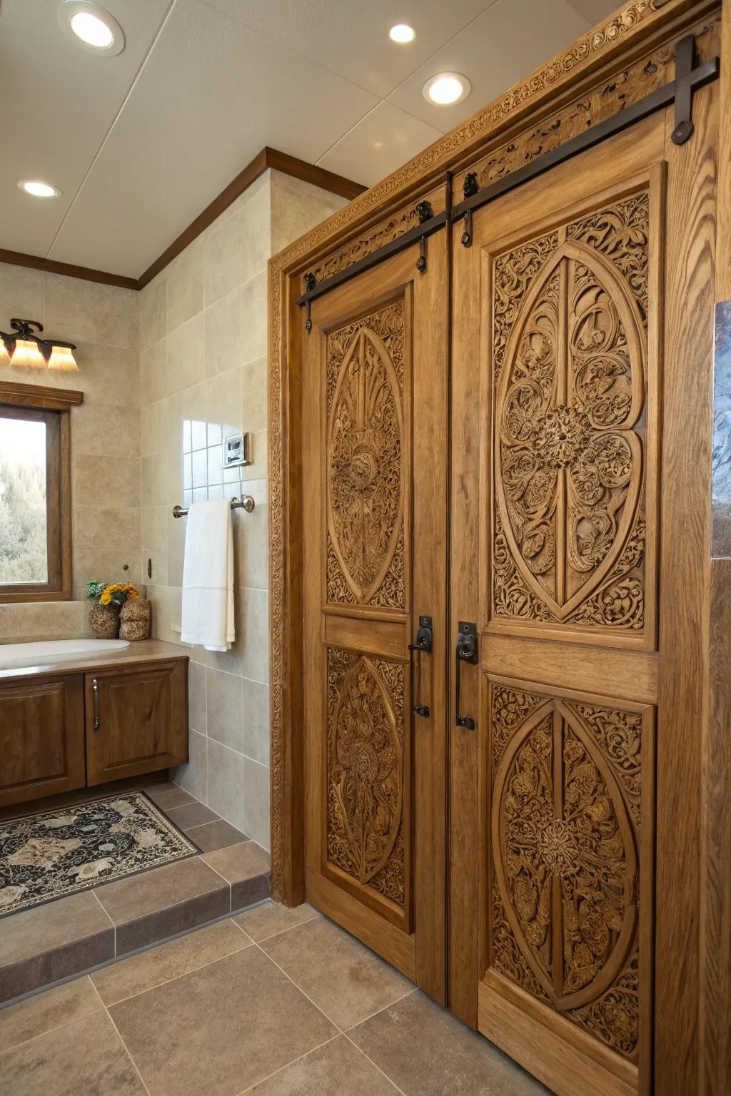 Bespoke carvings give a personal and artistic touch to shower entrances.