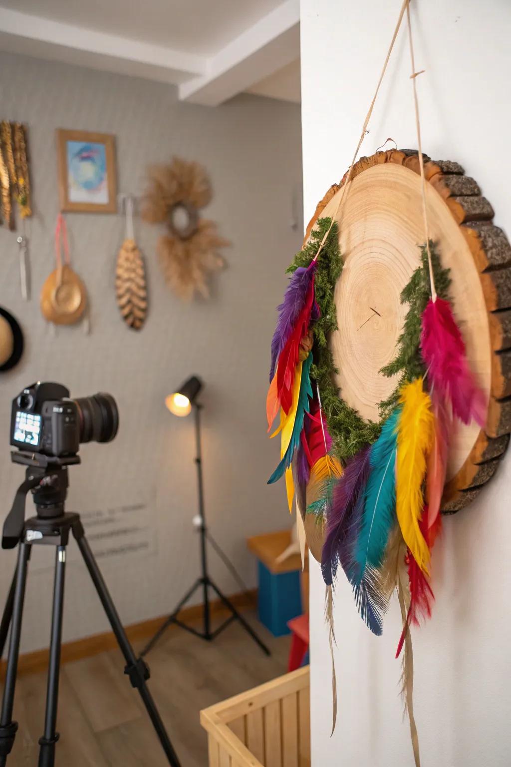 Delightful Arrangement of Feathers and Wooden Discs culminates in a whimsical accent.