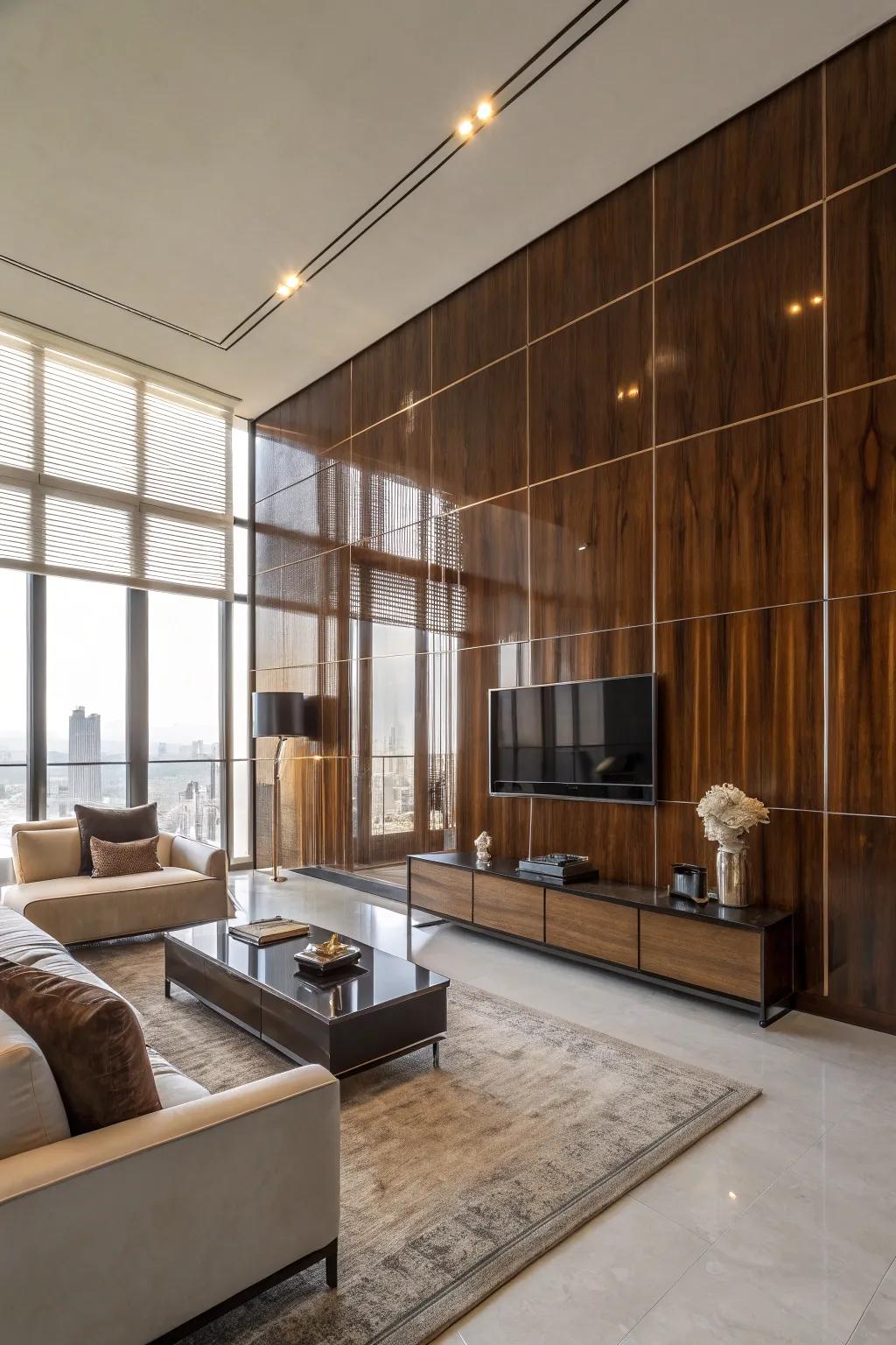 A living room with striking shiny wood paneling.
