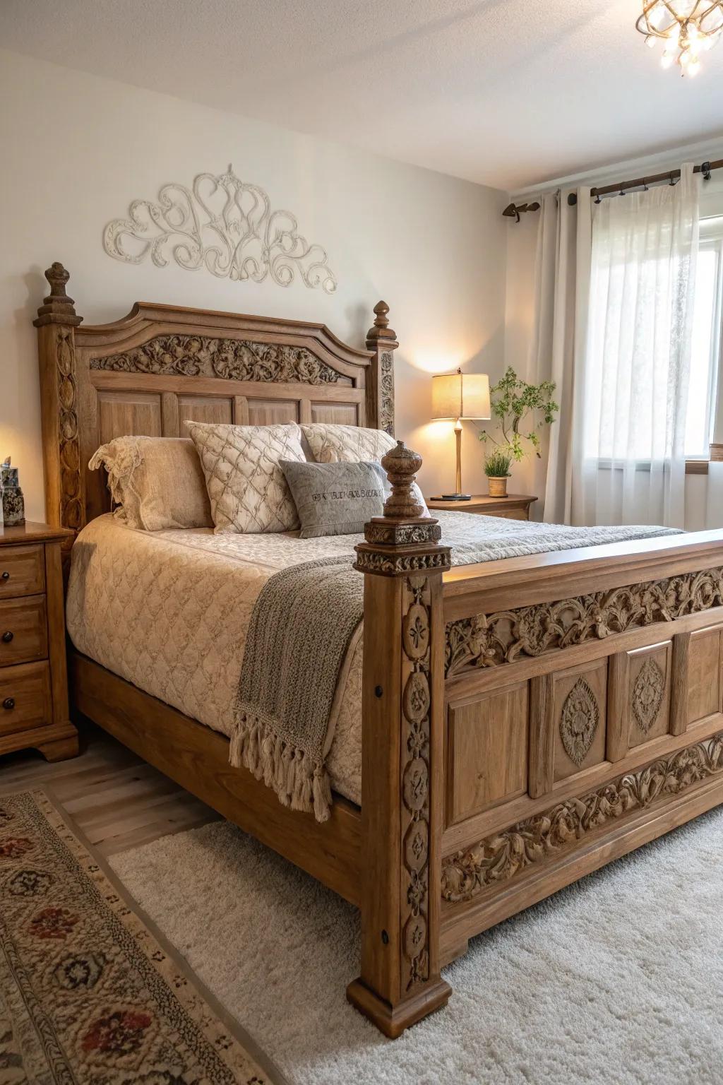 Textured elements enrich this wooden bed.