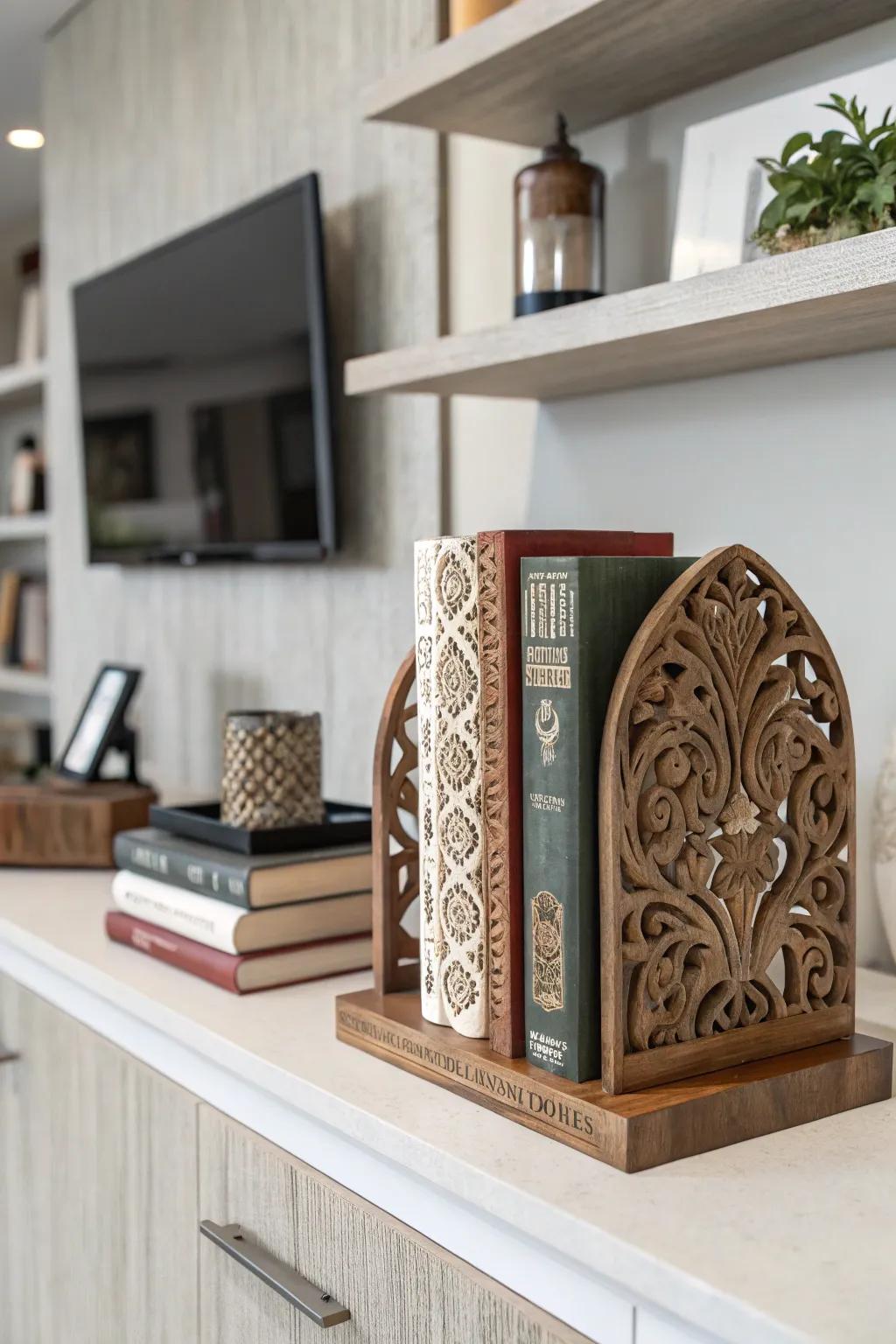 Timber book supporters bring organization and charm within a library.