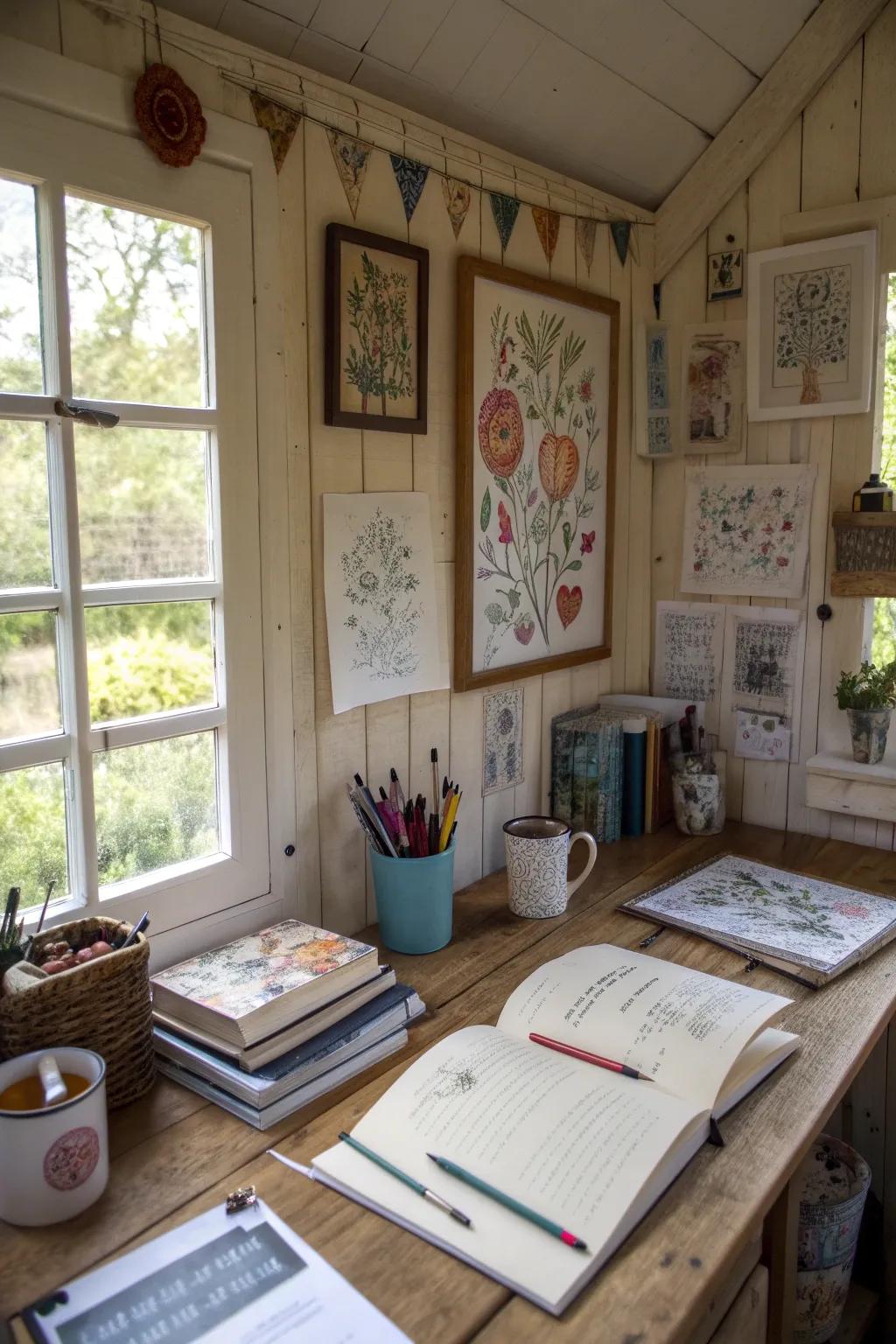 A writing shed enhanced with personally meaningful art pieces.
