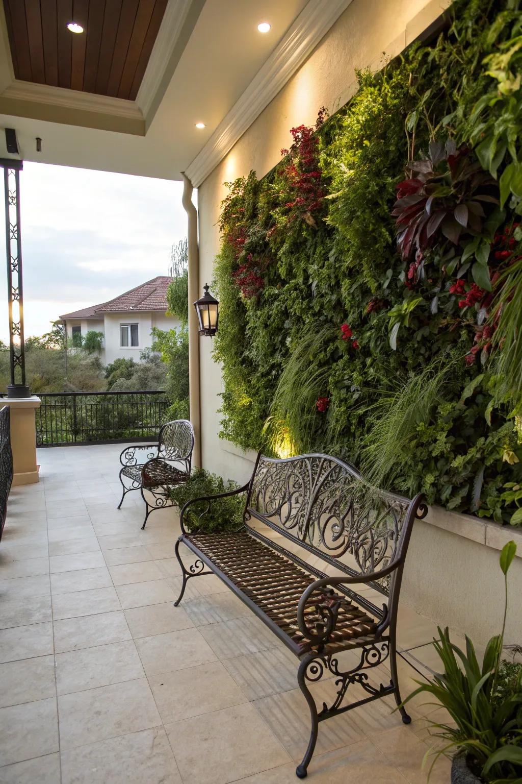 An upright botanical panorama backdrop enriches the wrought iron patio experience.