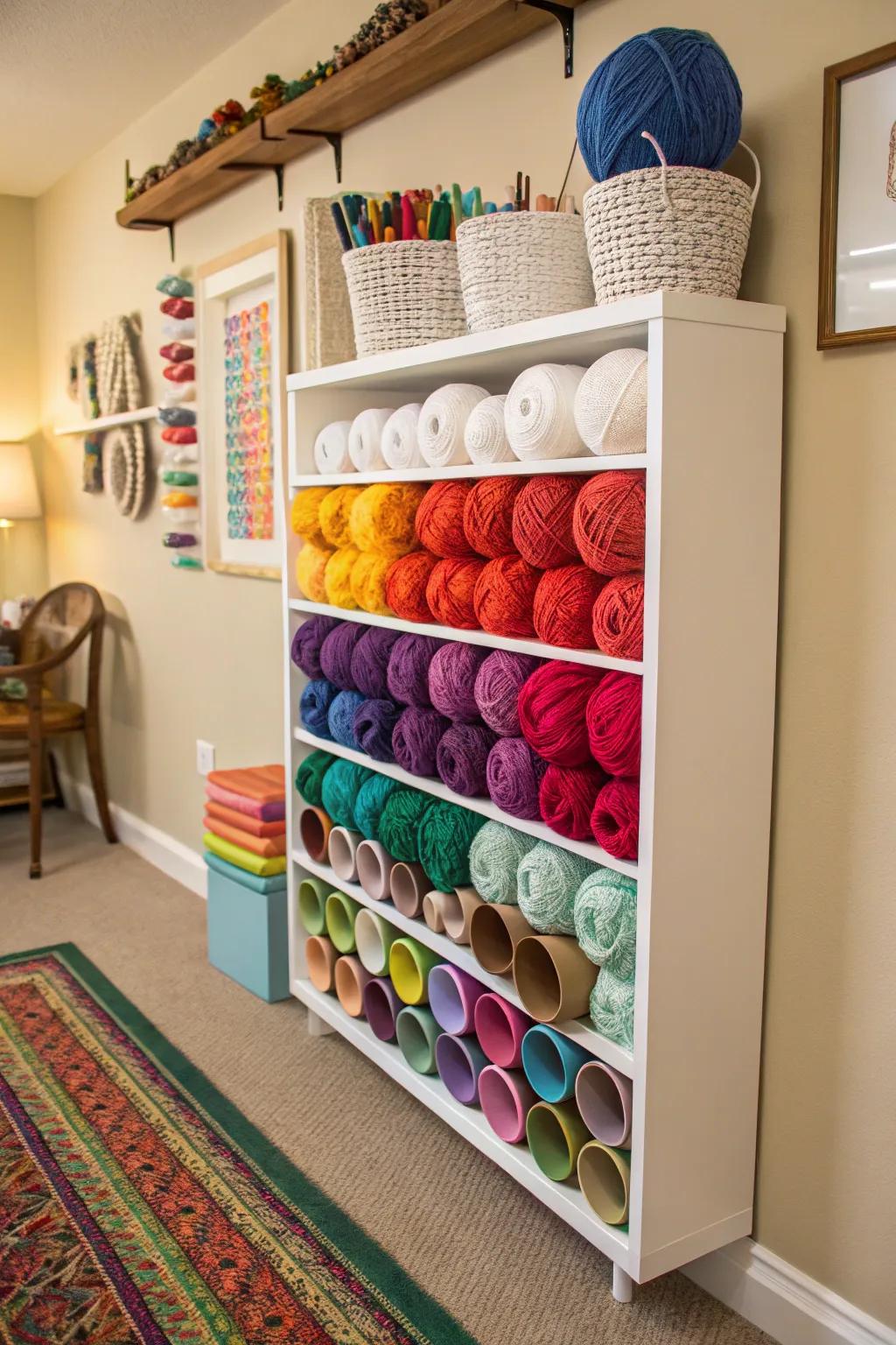 A DIY resin pipe organizer offers efficient and tidy yarn storage.