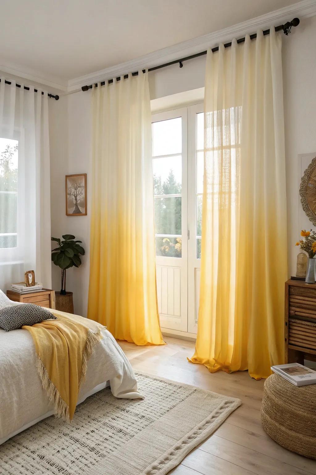 Ombre gold drapes create a sophisticated gradient effect in the bedroom.