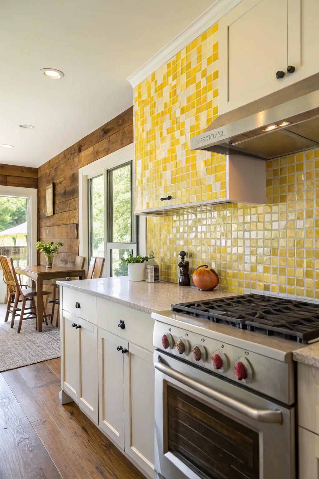 An artistic yellow backsplash contributes a personalized, eye-catching aspect.