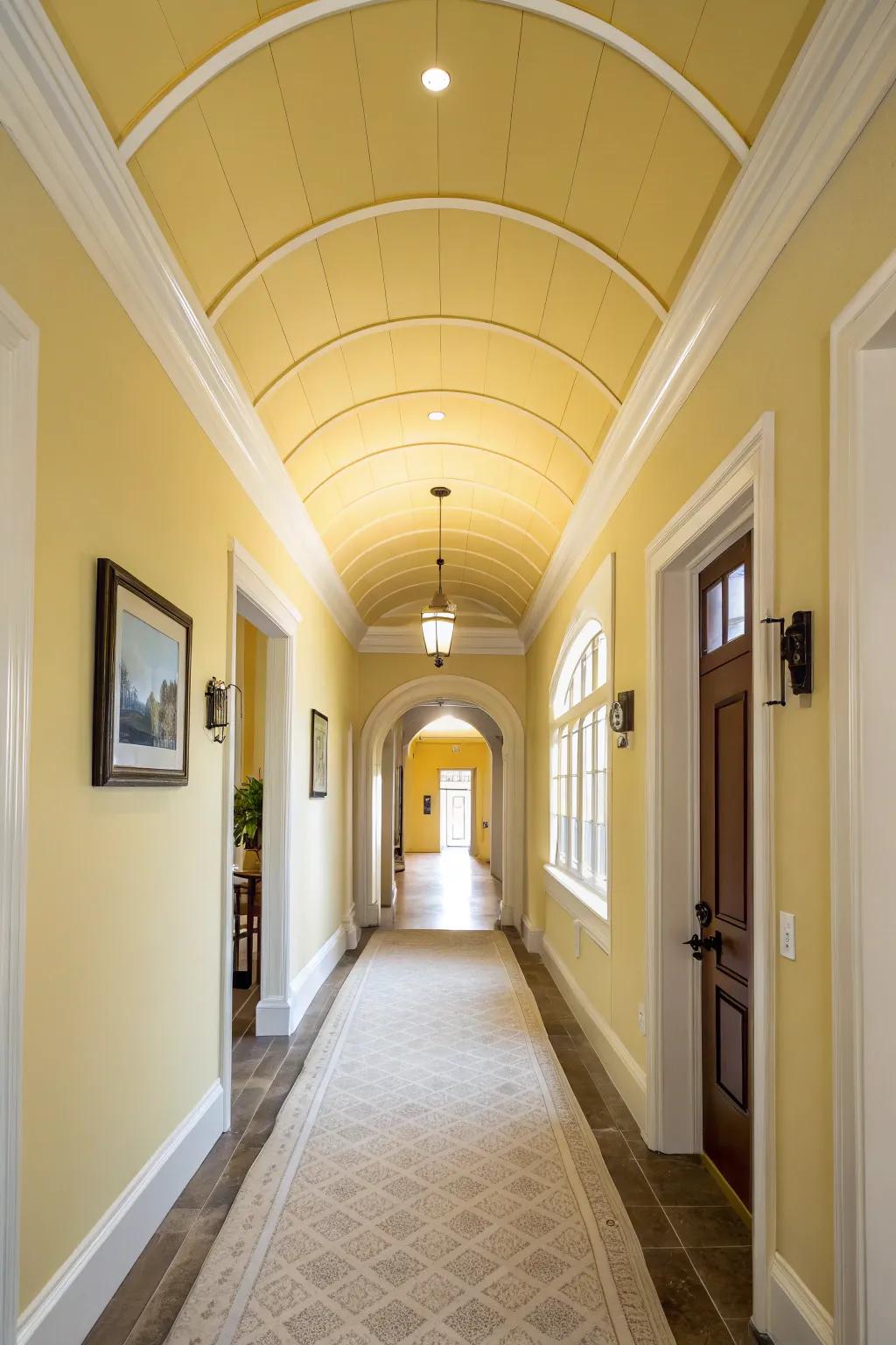 A hallway featuring a sunny golden ceiling.