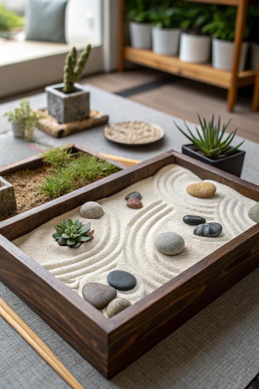 A tabletop contemplation garden bringing a touch of serenity.