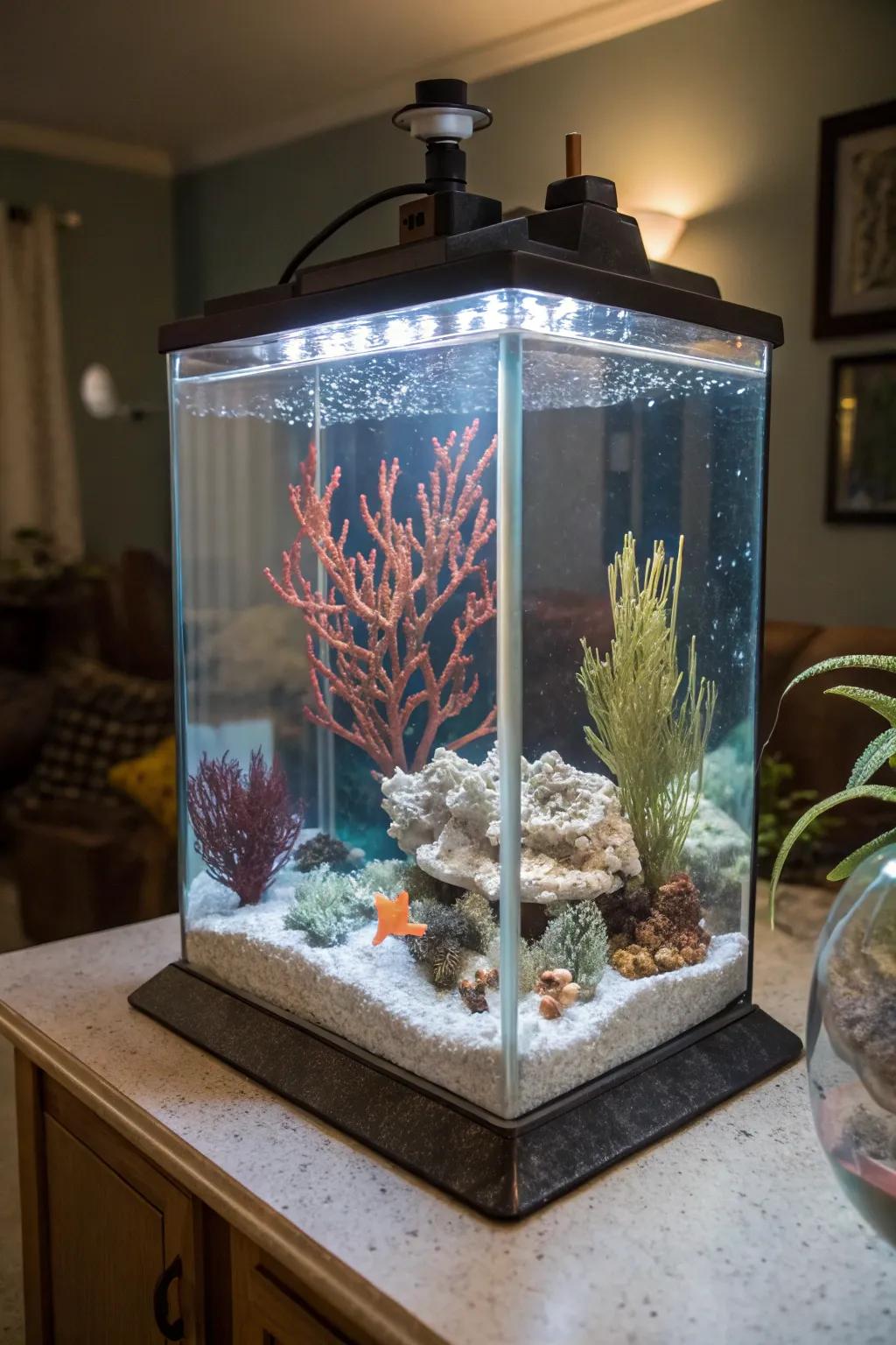 An submerged sculpture display adds an artistic flair to your tank.