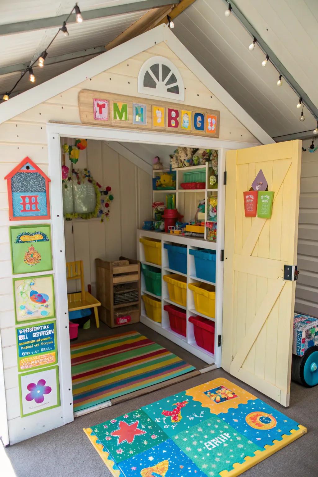 A kid's play area filled with playful decor and ample toy storage.