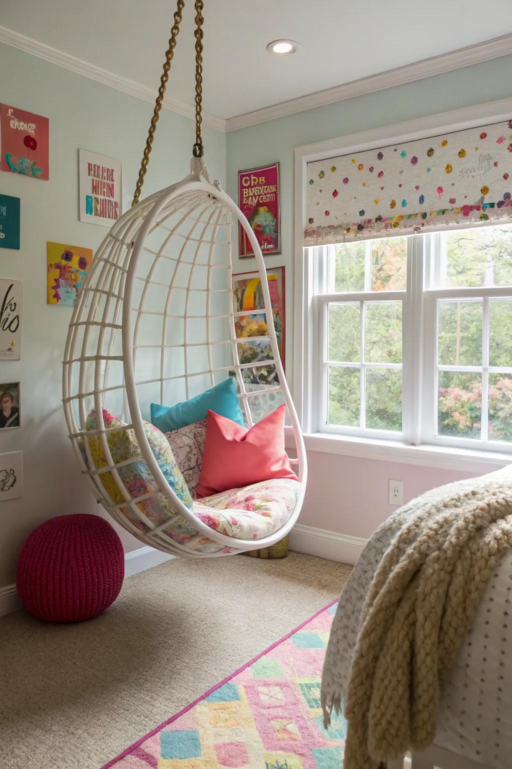 A swing chair adds a playful yet sophisticated touch.