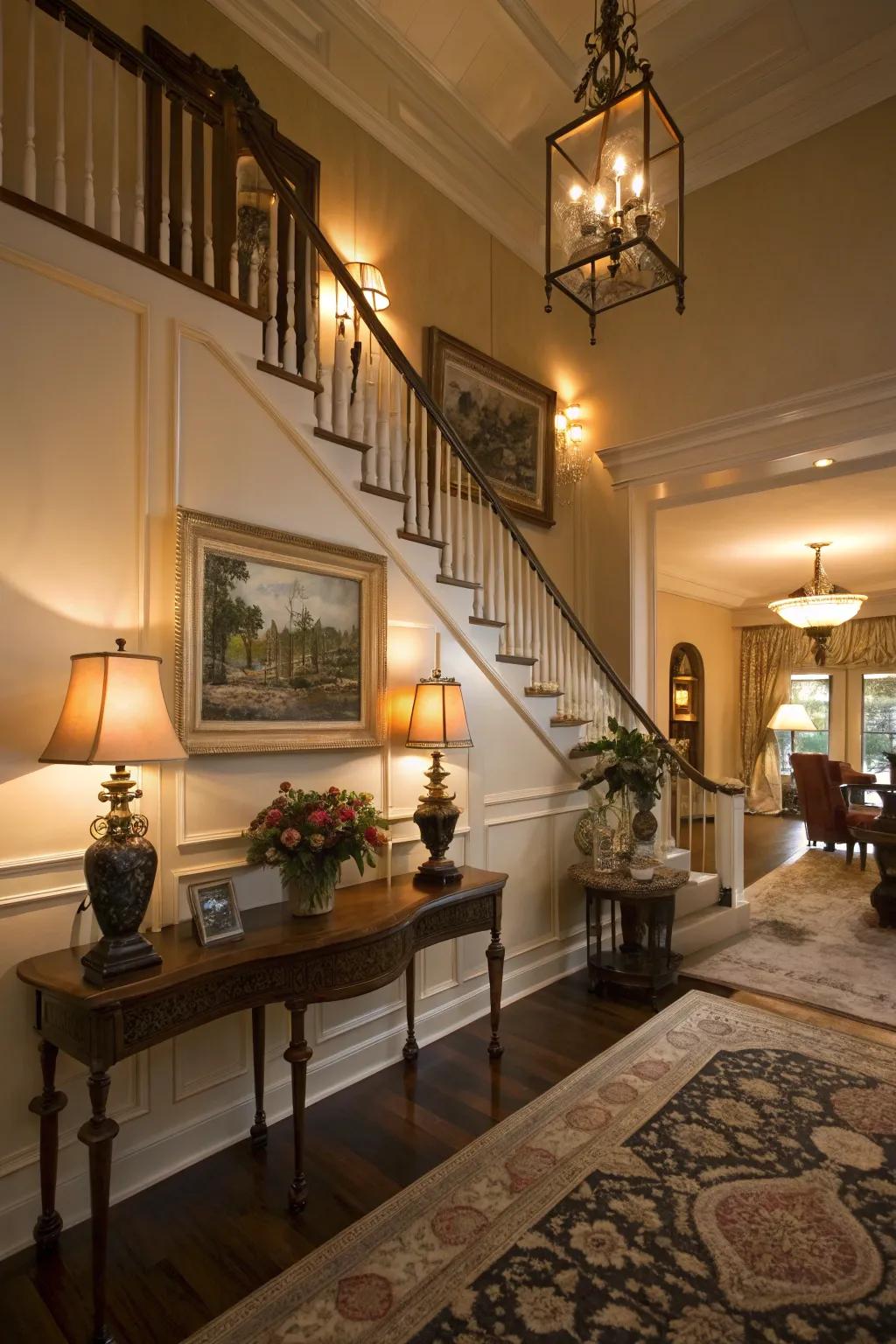 Tiered illumination introduces depth and atmosphere to the entryway.