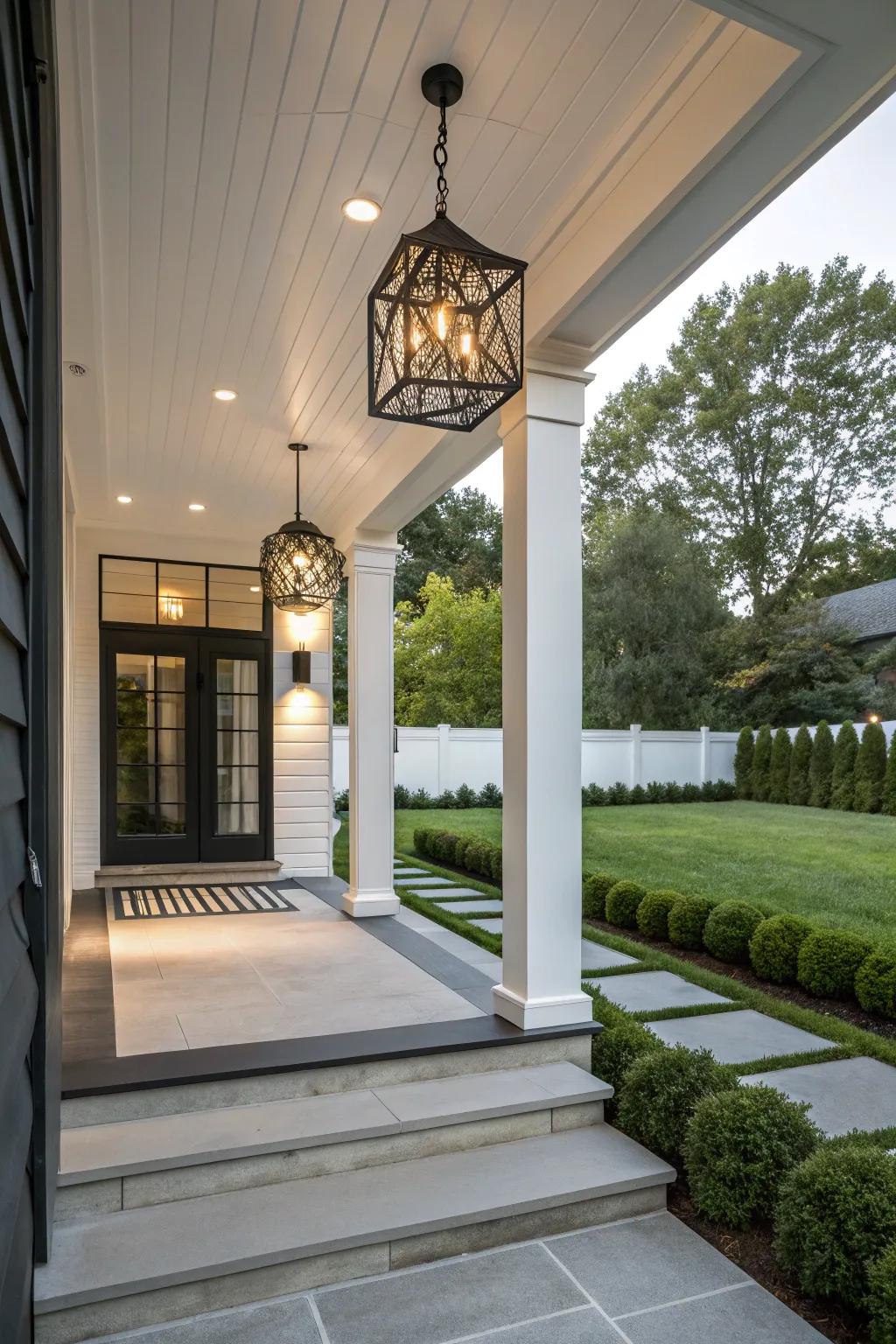 Statement lighting infuses personality into a modern porch.