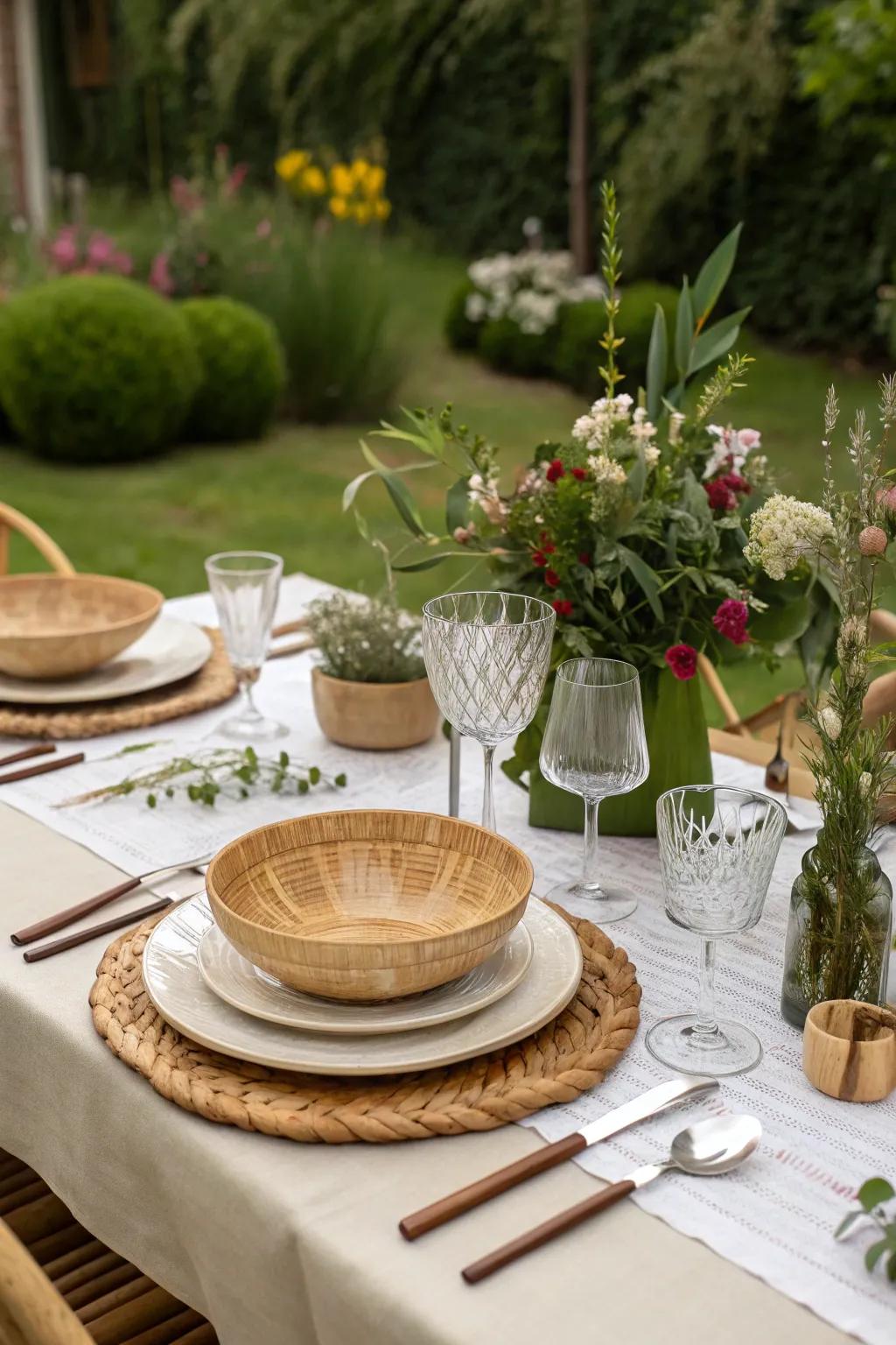 Eco-responsible dishware enhances a sustainable garden celebration.