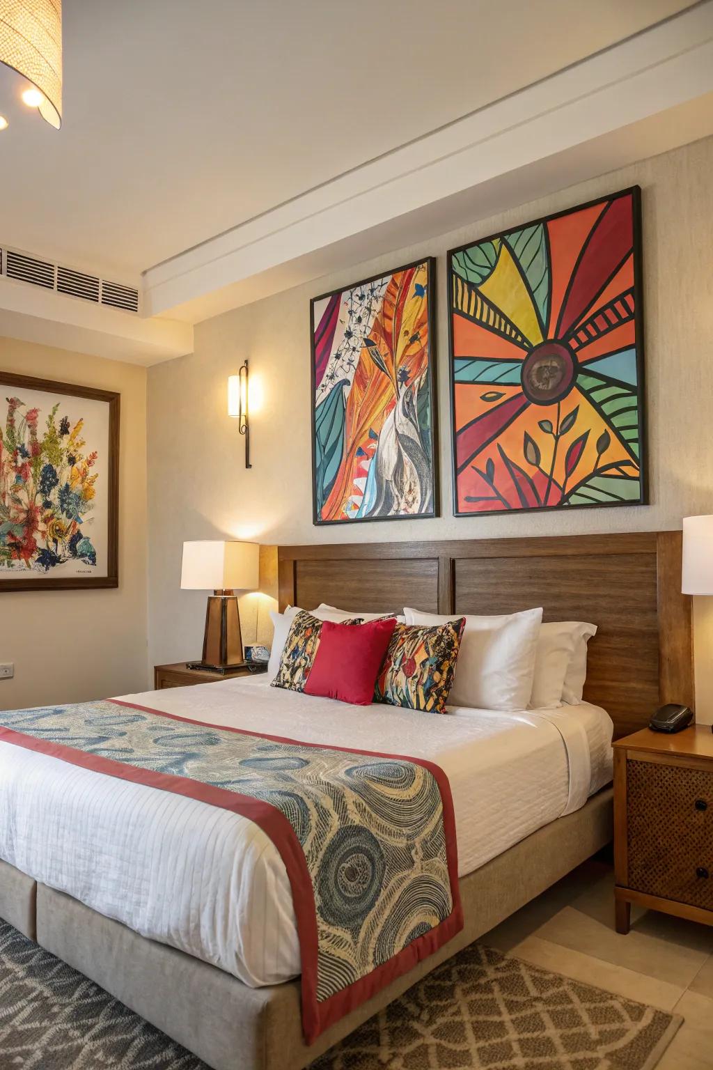 The area above the bed is energized with colorful abstract art.