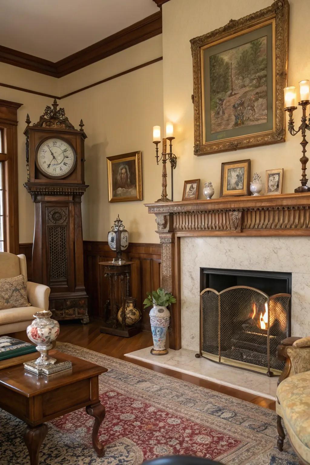 Antique pieces impart timeless charm and character above the fireplace.