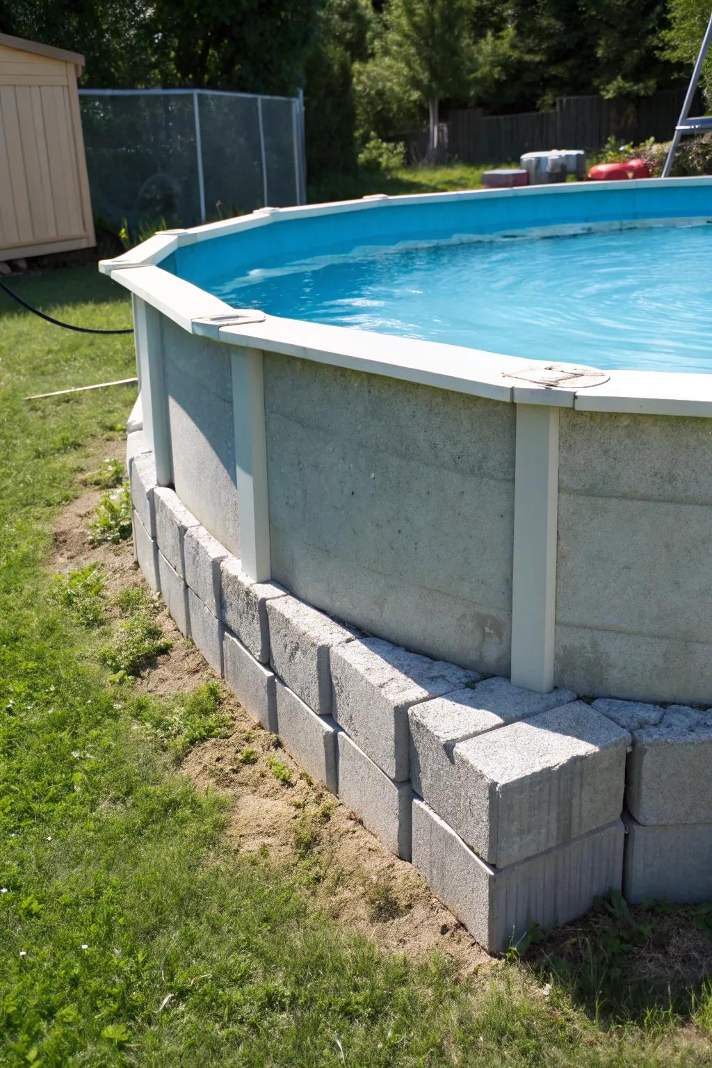 Cement blocks provide a robust and sturdy pool foundation.
