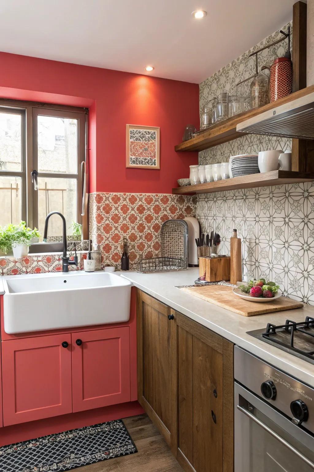 A feature wall adds drama and focus to the cooking space.