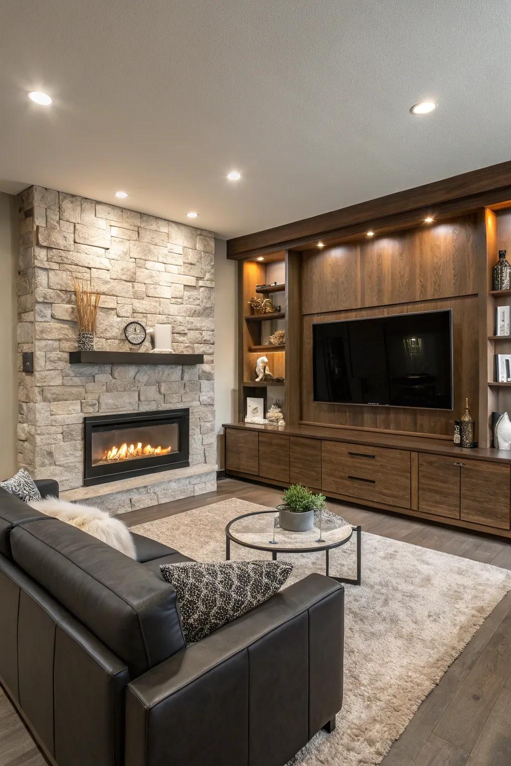 A hidden TV enhances aesthetics and functionality.