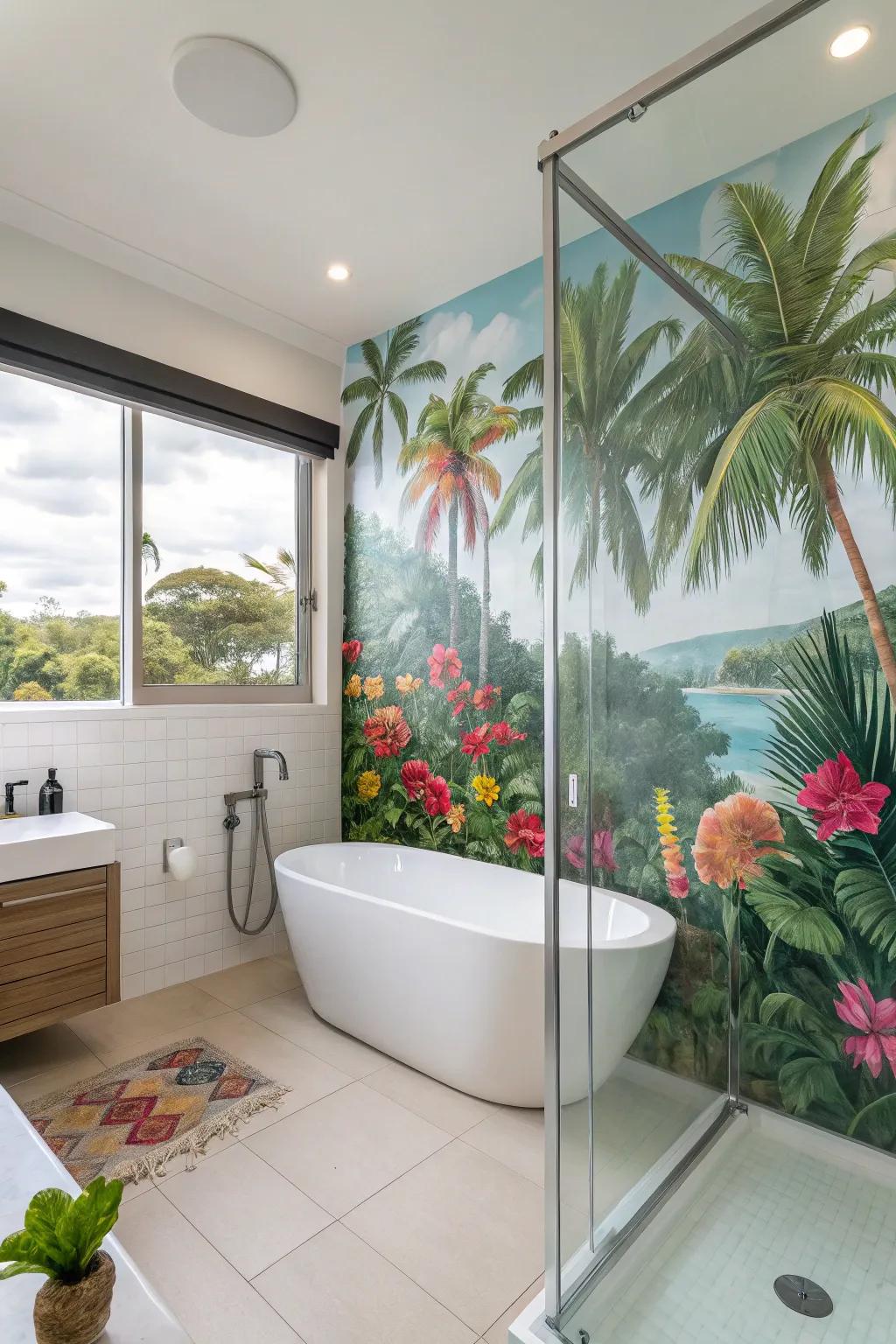 A washing space featuring a tropical-themed scene for an exotic escape.