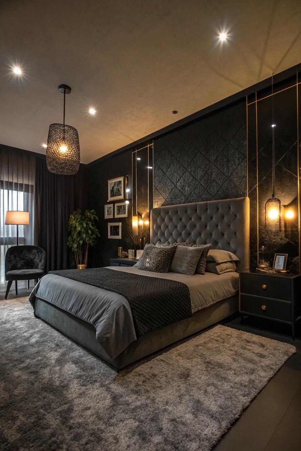 A charcoal boudoir exhibiting layered radiance from disparate origins.