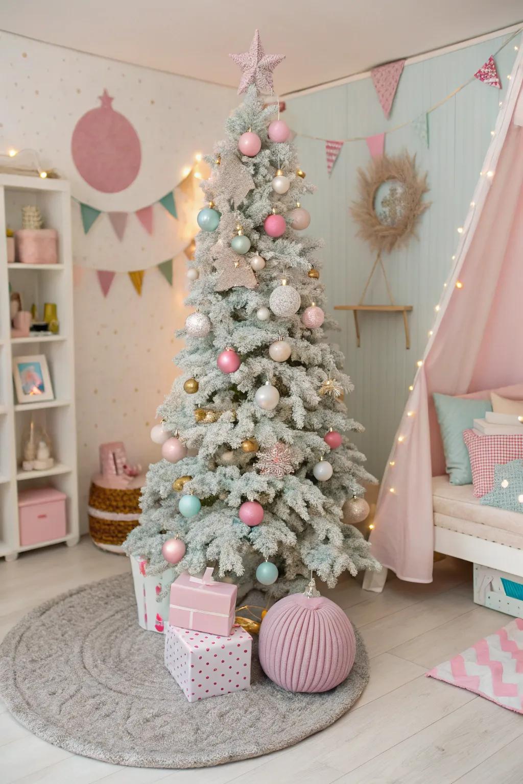 A whimsical Christmas tree embellished with delicate pastel shades for a playful appearance.