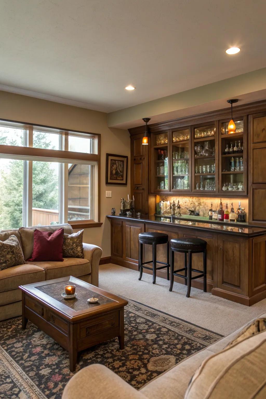 A living area enhanced with a chic home refreshment station.