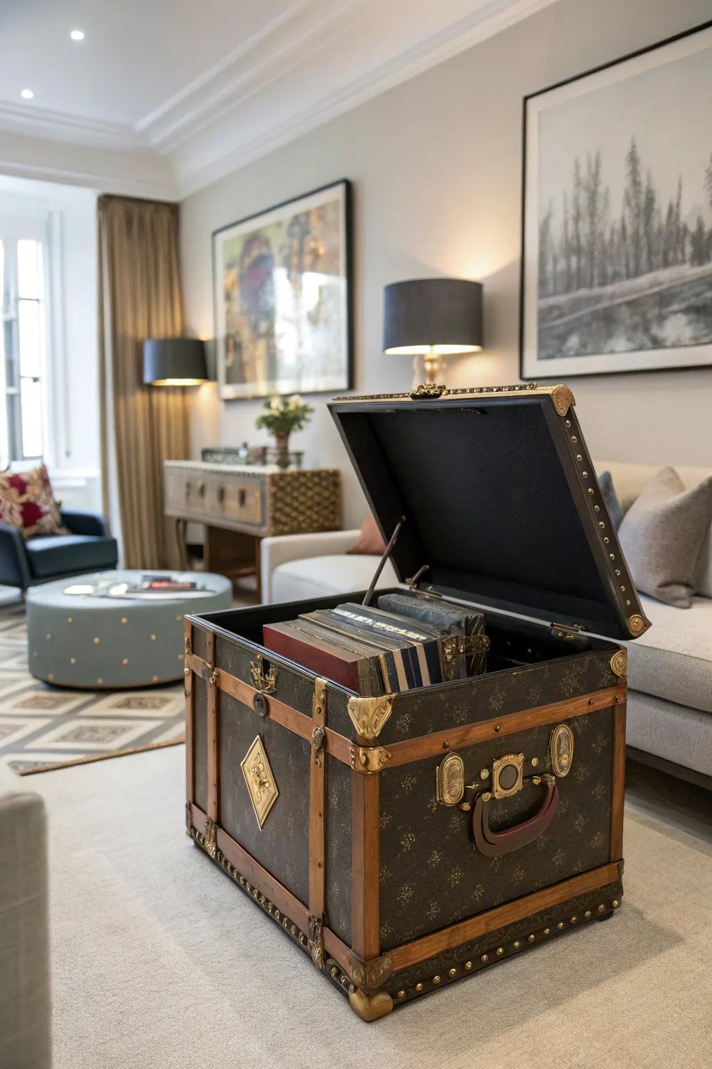 A vintage chest employed as a stylish and functional vinyl storage item.
